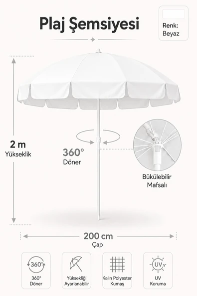 Beyaz Plaj Şemsiyesi 200 cm, 10 telli ürün görseli 1