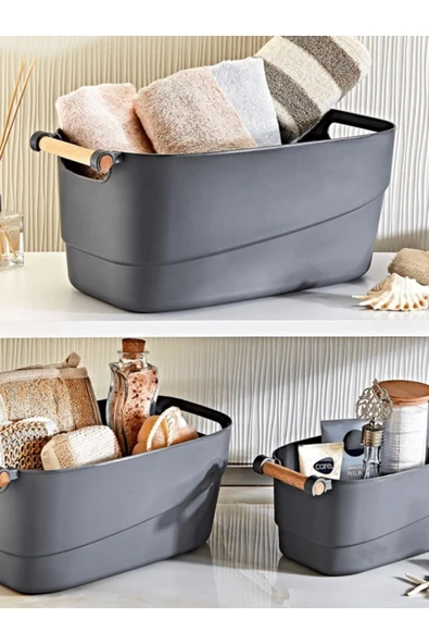 3'lü Set Ahşap Kulplu Banyo,mutfak,çekmece İçi Düzenleyici Retro Sepet Antrasit ürün görseli 1