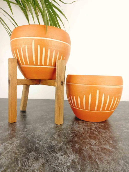 Bitki Tasarımı Dik Çizgi Desenli Terrakota Toprak Saksı Saksılık Salon Çiçeklik İkili Set Ayaksız - 4 Ayaklı- 15 Cm ürün görseli 1