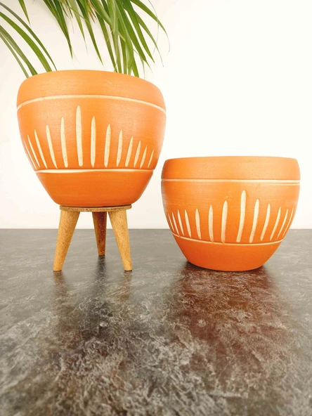 Bitki Tasarımı Dik Çizgi Desenli Terrakota Toprak Saksı Saksılık Salon Çiçeklik İkili Set Ayaksız - 3 Ayaklı- 15 Cm ürün görseli 1