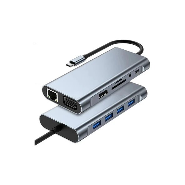 TAPLIN 11 In 1 Type-C To USB Hub Port Uyumlu Adaptör Hdmı 4x USB Lan VGA Sd Card Çevirici Çoklayıcı ürün görseli 1