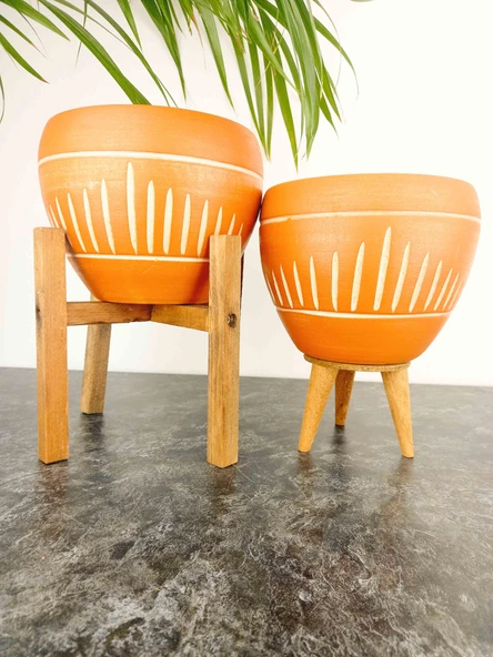 Bitki Tasarımı Dik Çizgi Desenli Terrakota Toprak Saksı Saksılık Salon Çiçeklik İkili Set 3 Ayaklı- 4 Ayaklı- 15 Cm ürün görseli 1