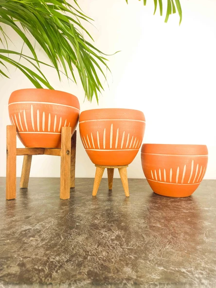 Bitki Tasarımı  Dik Çizgi Desenli Terrakota Toprak Saksı Saksılık Salon Çiçeklik Üçlü Set - 15 Cm ürün görseli 1