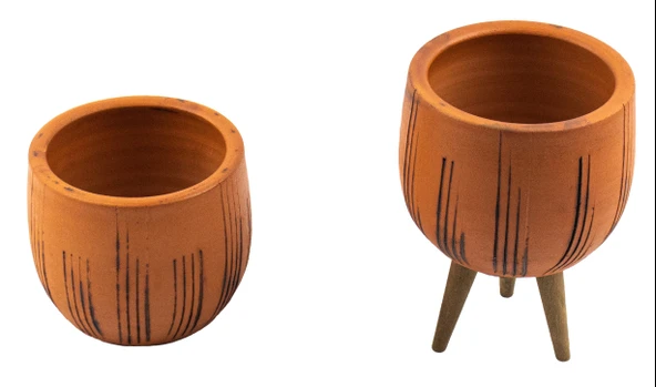 Bitki Tasarımı Siyah Çizgi Desenli Terakota Toprak Saksı Saksılık Salon Çiçeklik İkili Set Ayaksız, 3 Ayaklı 12 Cm ürün görseli 1