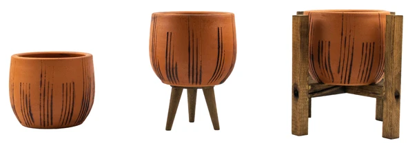 Bitki Tasarımı Siyah Çizgi Desenli Terakota Toprak Saksı Saksılık Salon Çiçeklik Üçlü Set 12 Cm ürün görseli 1