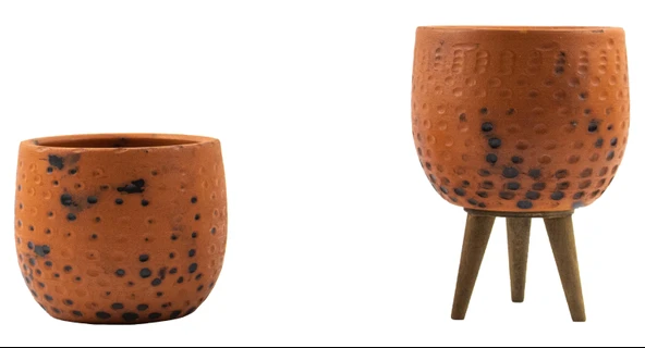 Bitki Tasarımı Siyah Nokta Desenli Terakota Toprak Saksı Saksılık Salon Çiçeklik İkili Set Ayaksız, 3 Ayaklı 12 Cm ürün görseli 1