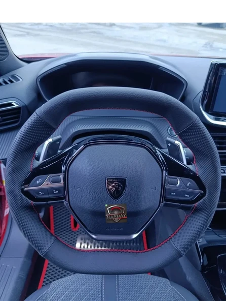 DİKİŞLİ DİREKSİYON KILIFI SİYAH / NOKTALI DERİ KIRMIZI DİKİŞLİ PEUGEOT 2008-3008 İÇİN ürün görseli 1