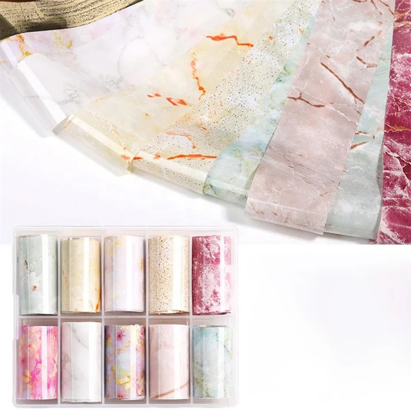 10lu Tırnak Süsleme Folyosu Renkli Mermer Dizayn Nail Art Transfer Folyo WNF-03 ürün görseli 1