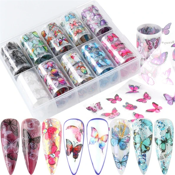10lu Tırnak Süsleme Folyosu Kelebek Dizayn Nail Art Transfer Folyo ürün görseli 1