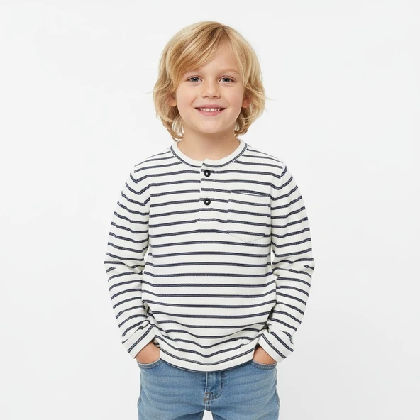 Önü Düğmeli Çizgili Erkek Çocuk Sweatshirt ürün görseli 1