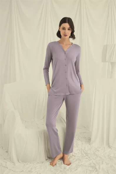 Uzun Kollu Düğmeli V Yaka Pijama Takımı ürün görseli 1