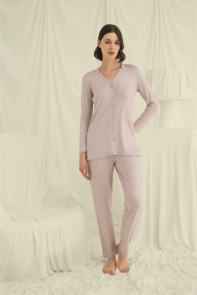 Uzun Kollu Düğmeli V Yaka Pijama Takımı ürün görseli 1