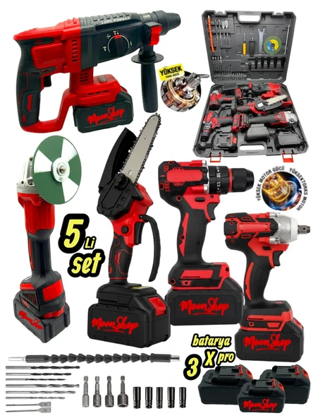 Moonshop Profesyonel 2-26 Hilti 125mm Taşlama 13mm Matkap 650nm Testere Dal Budama Şarjlı Darbeli 5'li Set ürün görseli 1