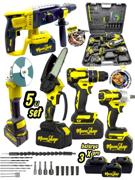 Moonshop Profesyonel 2-26 Hilti 125mm Taşlama 13mm Matkap 650nm Testere Dal Budama Şarjlı Darbeli 5'li Set ürün görseli 1