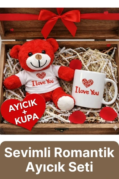 Özel Tasarım Sevimli Romantik Hediye Gift Sevgili I Love You Baskılı Kupa Ve Kırmızı Ayıcık Seti ürün görseli 1