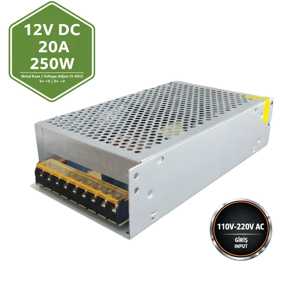 Peace B2882 12V 20A 250W Kalın Metal Kasa DC Adaptör | Endüstriyel Güç Kaynağı ürün görseli 1