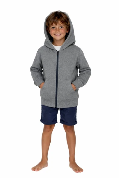 Çocuk Fermuarlı Kapüşonlu Sweatshirt / Gri Melanj ürün görseli 1