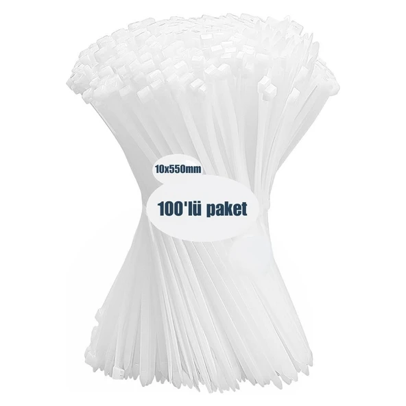 10 x 550mm Plastik Kelepçe, Kablo Bağı, Cırt Kelepçe 10*550 100'lü Paket Beyaz ürün görseli 1