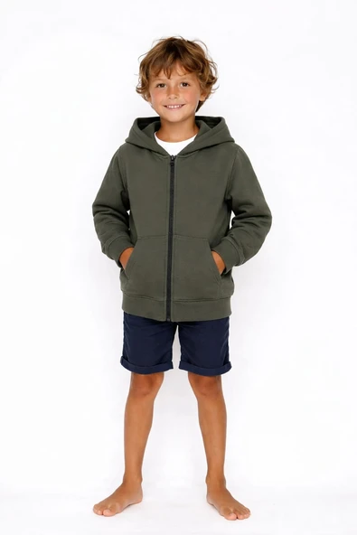 Çocuk Fermuarlı Kapüşonlu Sweatshirt / Haki ürün görseli 1