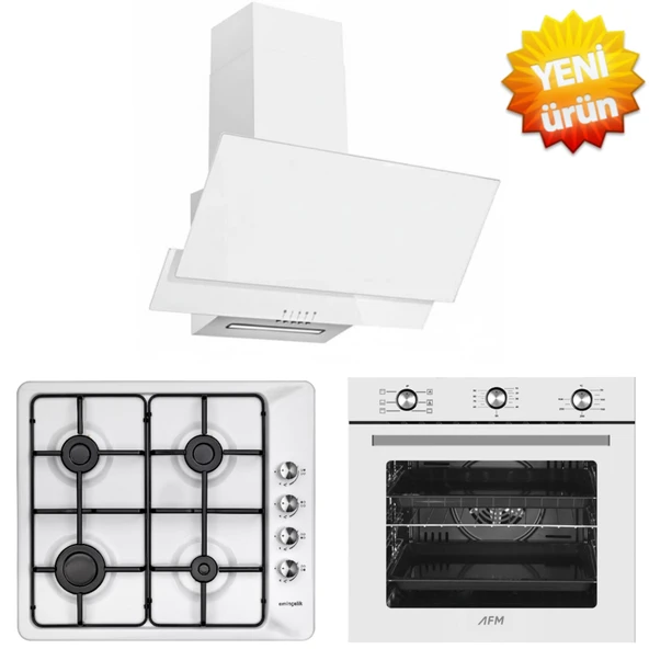 Eminçelik ve AFM Tech MARKALI/ForO Turbolu Beyaz  Ankastre Set (31 221 Emaye Ocak +FM7601 +FM3301W) ürün görseli 1