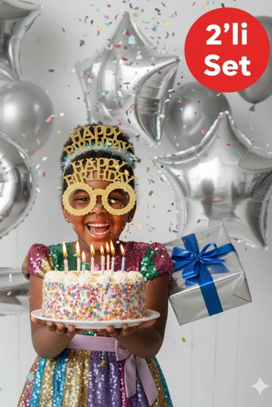Gold Happy Birthday Simli Doğum Günü Taç ve Gözlük Seti – 2’li Parti Aksesuarı Fotoğraf Konsepti ürün görseli 1