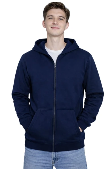 Kapüşonlu Fermuarlı Sweatshirt / Lacivert ürün görseli 1
