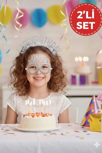 Gri Happy Birthday Simli Doğum Günü Taç ve Gözlük Seti – 2’li Parti Aksesuarı Fotoğraf Konsepti ürün görseli 1