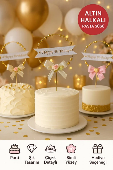 Altın Halkalı Happy Birthday Pasta Süsü – Gümüş Simli & Çiçekli Fiyonklu Doğum Günü Dekoru ürün görseli 1