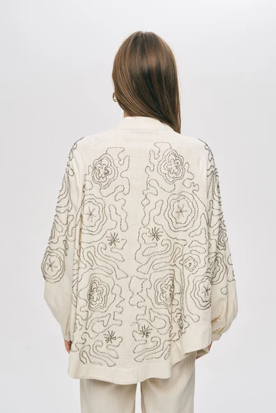 Kadın Etnik Nakışlı Viskon-Keten Oversize Kimono ürün görseli 1