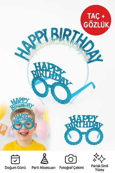 Mavi Happy Birthday Simli Doğum Günü Taç ve Gözlük Seti – Parti Aksesuarı, Fotoğraf Konsepti ürün görseli 1