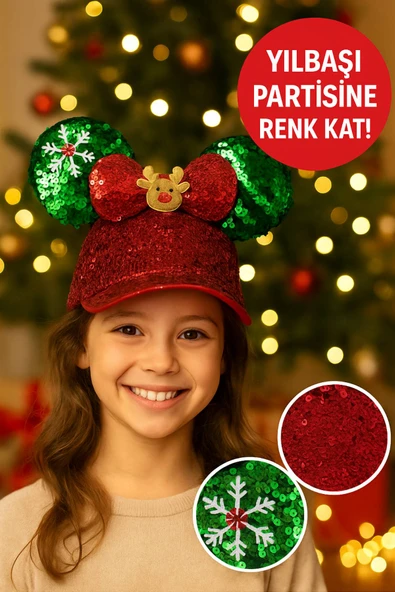 Parlak Payetli Yılbaşı Şapkası - Kırmızı Yeşil Geyik Figürlü Noel Partisi Aksesuarı ürün görseli 1