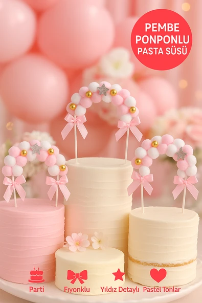 Pembe Ponponlu Pasta Süsü – Yumuşak Keçe Fiyonklu 3D Dekor Seti | Doğum Günü Süsleri ürün görseli 1