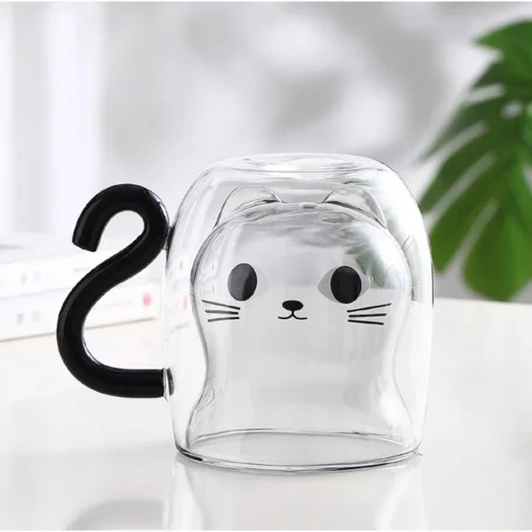 Kedi Figürlü Çift Cidarlı Cam Bardak - Resim 4