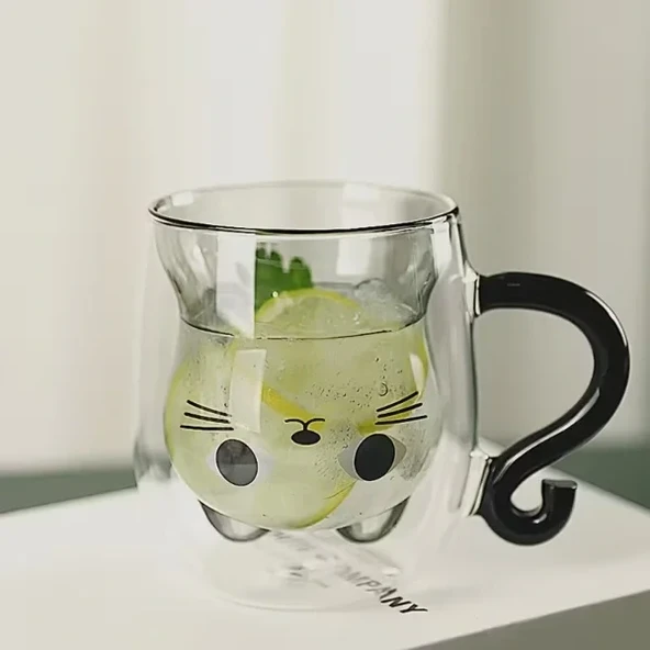Kedi Figürlü Çift Cidarlı Cam Bardak - Resim 2