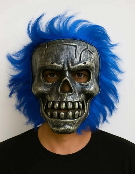 Wild Skull - Gümüş Kafatası Mavi Saçlı İskelet Maske P124048S7566 ürün görseli 1