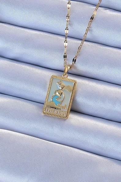 316L Çelik Zincir Altın Renk Mavi Mineli Tarot Kolye - TJ-BKO9211 ürün görseli 1