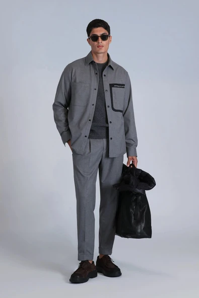 Lufian Hard Erkek Gri Basic Slim Fit Gömlek 112010651 - Resim 2