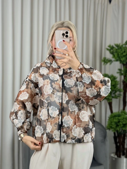On Fashion Kapüşonlu Desenli Fermuarlı Kadın Kahverengi İnce Mont 52704 ürün görseli 1