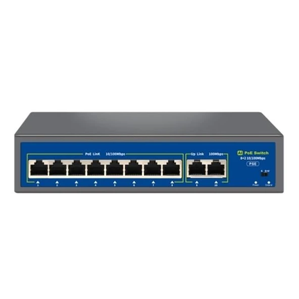Novacom NVC-HIF0820FBL-C 8+2 Port 120W 10/100Mbps PoE Switch (250m Extend Modlu) ürün görseli 1