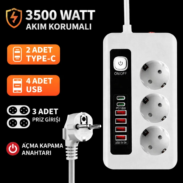 3500W Akım Korumalı 3’lü Priz  2 Type C  4 USB Girişli  Açma Kapama Anahtarlı  2 Metre Kablolu ürün görseli 1