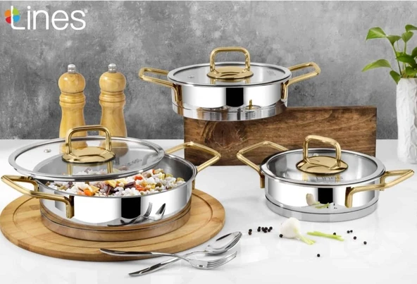 Lines Silver 3 Lü Basık Tencere Seti 18-20-22 Cm Altın Kulp ürün görseli 1
