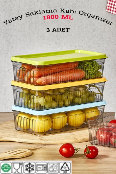 3'lü 1800 ml Buzdolabı Organizer -Saklama Kabı Rekli Kapak ürün görseli 1