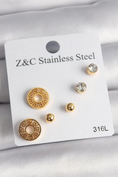 316L Çelik Gold Renk Zirkon Taşı Labirent Model Kadın Küpe Seti - TJ-BKP10011 ürün görseli 1