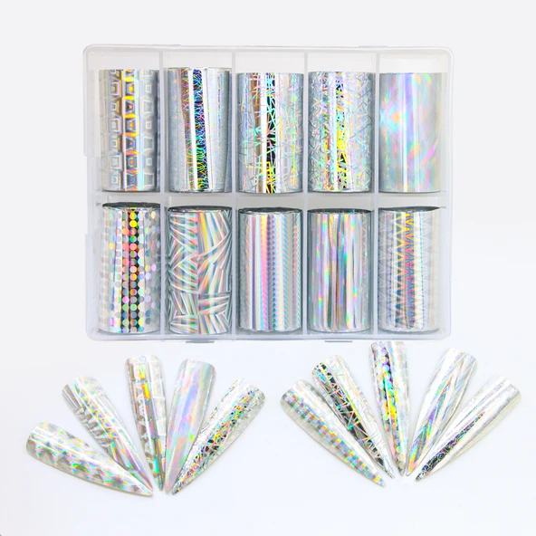10lu Tırnak Süsleme Folyosu Holografik Geometri Dizayn Nail Art Transfer Folyo WNF-273 ürün görseli 1