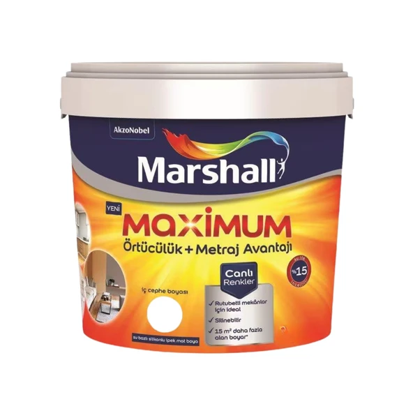 MARSHALL MAXİMUM İPEK SİLİKONLU SİLİNEBİLİR İÇ CEPHE BOYASI 15 LT ürün görseli 1