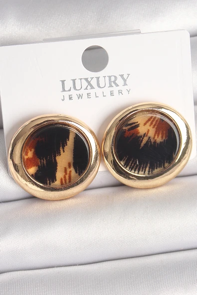 Pirinç Gold Renk Leopar Desen Daire Model Kadın Küpe - TJ-BKP10371 ürün görseli 1