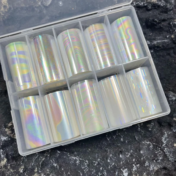 10lu Tırnak Süsleme Folyosu Şeffaf Holografik Dizayn Nail Art Transfer Folyo WNF-227 ürün görseli 1