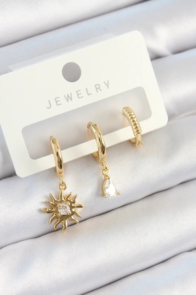 Pirinç Zirkon Taşlı Güneş Model Gold Renk 3'lü Çift Kadın Küpe Set - TJ-BKP10824 ürün görseli 1