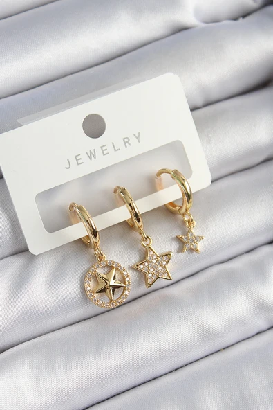 Pirinç Zirkon Taşlı Yıldız Model Gold Renk 3'lü Çift Kadın Küpe Set - TJ-BKP10835 ürün görseli 1