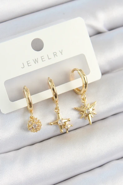 Pirinç Zirkon Taşlı Yıldız Model Gold Renk 3'lü Çift Kadın Küpe Set - TJ-BKP10818 ürün görseli 1